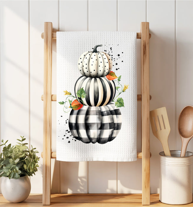 Fall Black and White Checkered Pumpkins Waffle Weave Towel