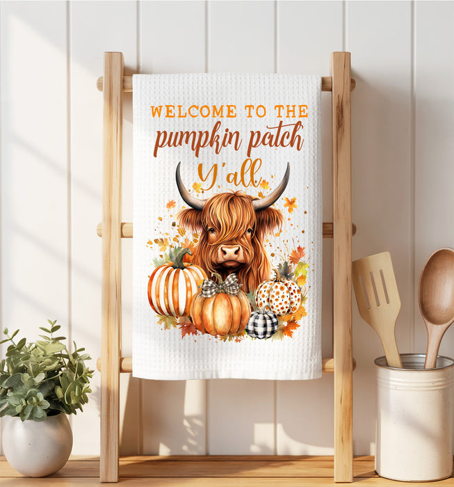 Fall Highland Cow Y'all Pumpkins Waffle Weave Towel