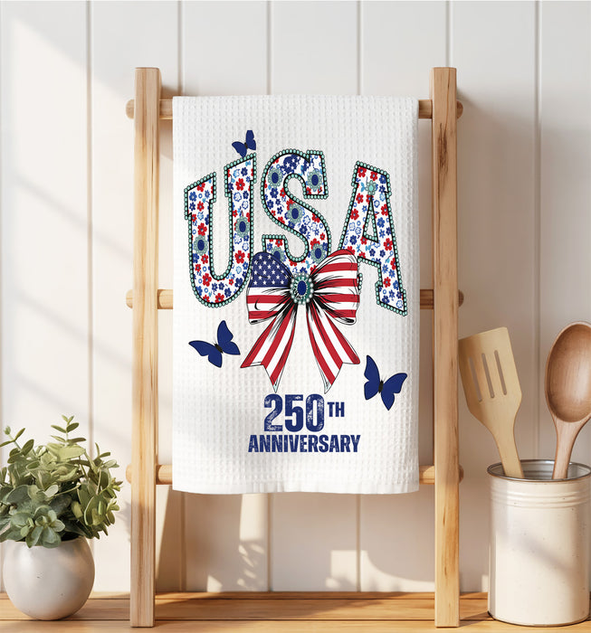 Patriotic USA Bow 250 Anniversary America Waffle Weave Towel
