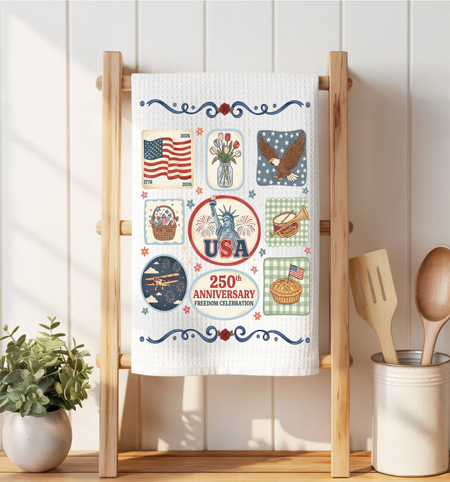 Patriotic Collage 250 Anniversary America Waffle Weave Towel