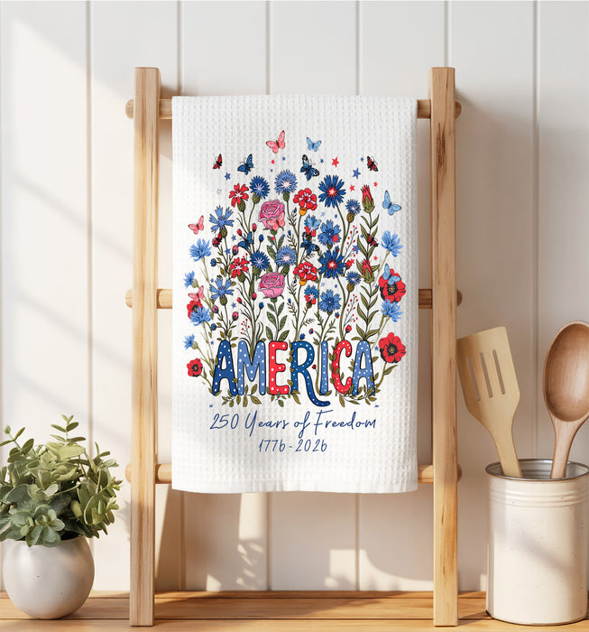 Patriotic Flowers 250 Anniversary America Waffle Weave Towel