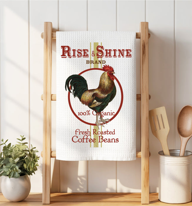 Rise & Shine Rooster Coffee Beans Waffle Weave Towel