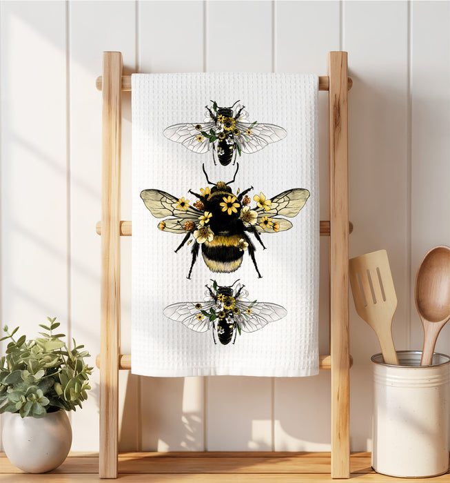 Vintage bees Flowers insect  Waffle Weave Towel