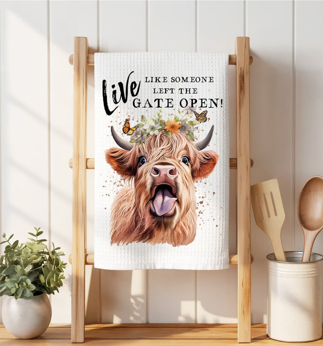 Highland Cow Life Left the gate open Waffle Weave Towel