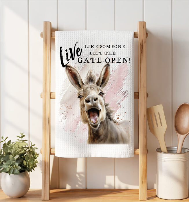 Donkey Life Left the gate open Waffle Weave Towel