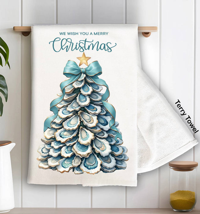 Coastal Christmas Oyster Tree Kitchen Terry Towel