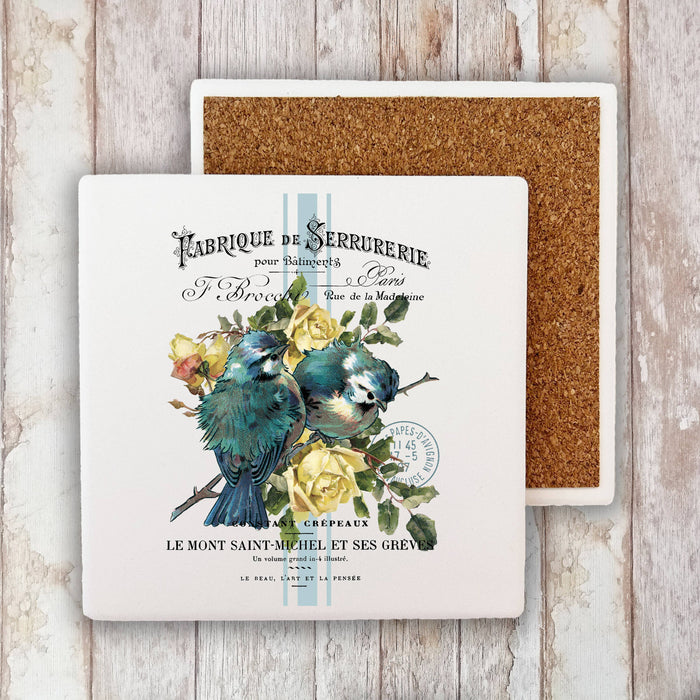 Vintage French Birds Roses  Stone Coaster