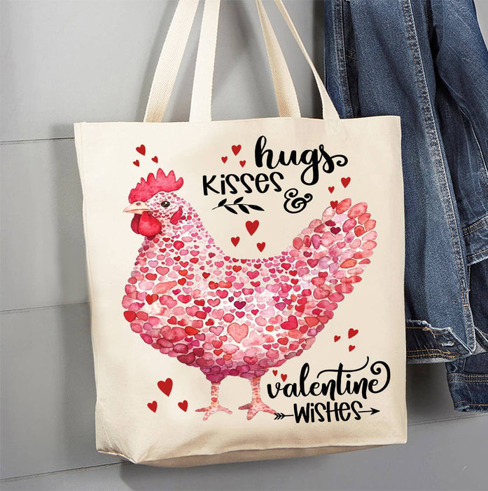 Valentine Chicken Hugs Kisses Canvas Tote Bag