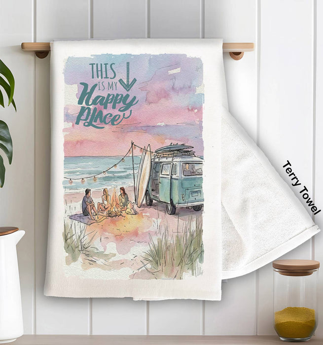 Camping on the Beach happy place Kitchen Terry Towel