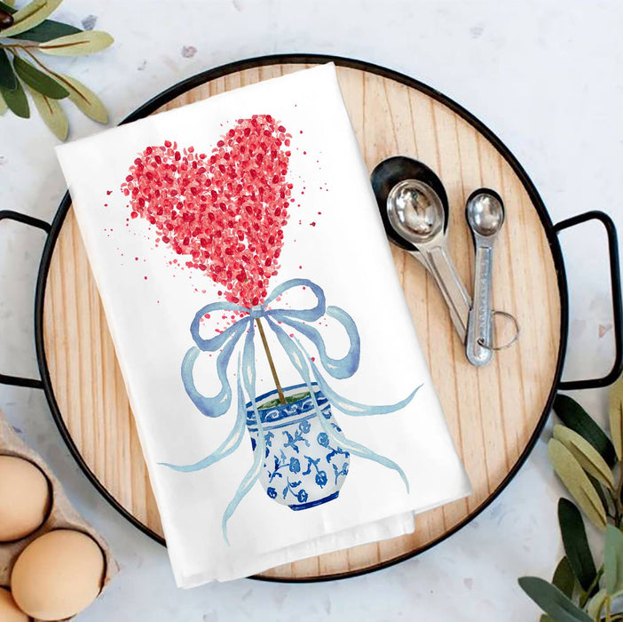 Chinoiserie Blue & White Hearts Topiary Tea Towel