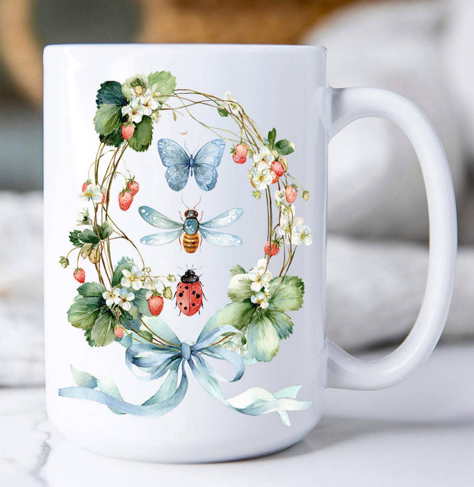 Strawberry Wreath Butterfly Ladybug Coffee Mug