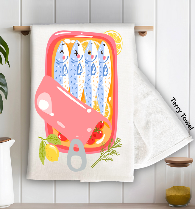 Cute Sardines Tinned Fish Coastal Kitchen Terry Towel