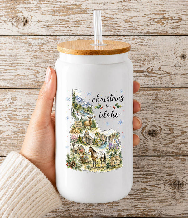 Christmas in Idaho State Map Glass Cup