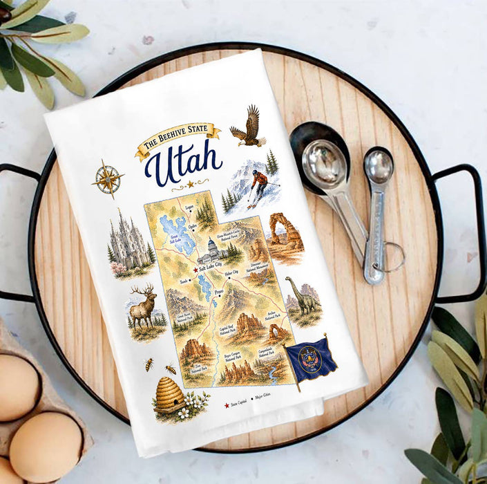 Utah State Map Landmark Tea Towel