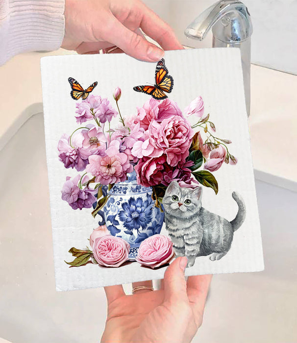 Grey Kitten Flowers Vase Butterflies SWEDISH DISH CLOTH