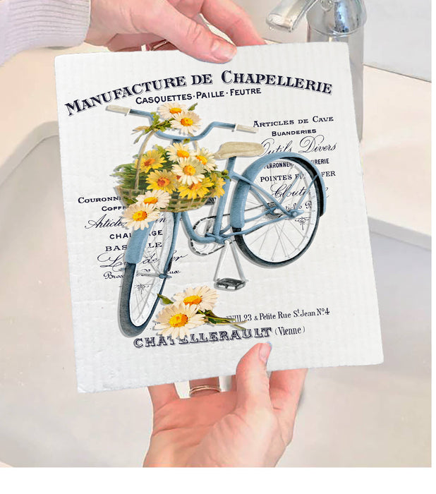 Vintage French Daisy Bicycle Shabby Chic Swedish Dishcloth