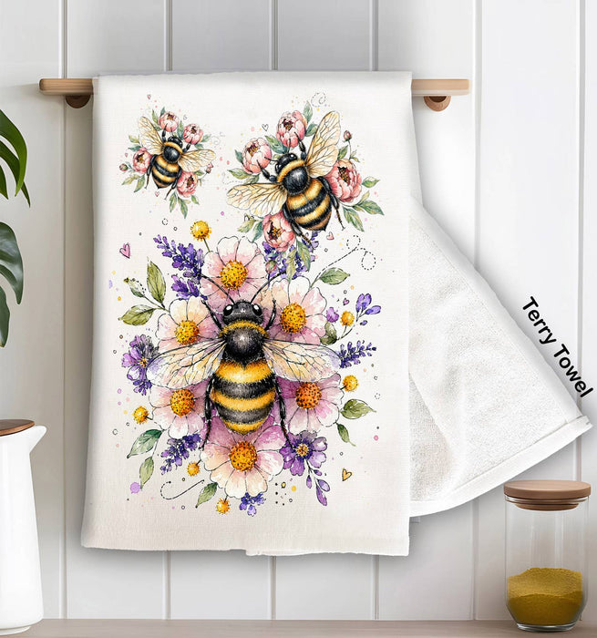 Whimsical Bees Flowers Kitchen Terry Towel