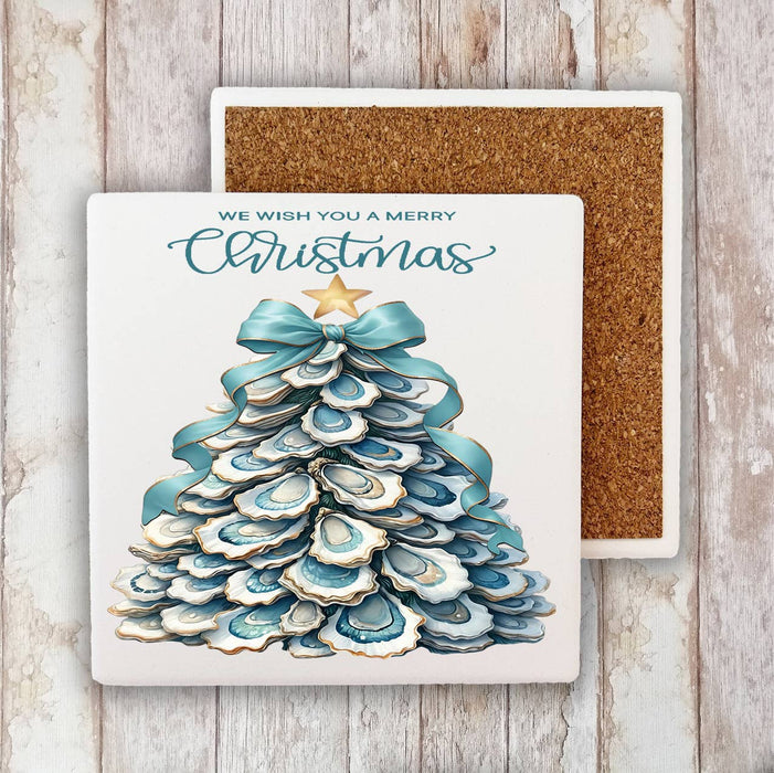 Coastal Christmas Oyster Tree Stone Coaster