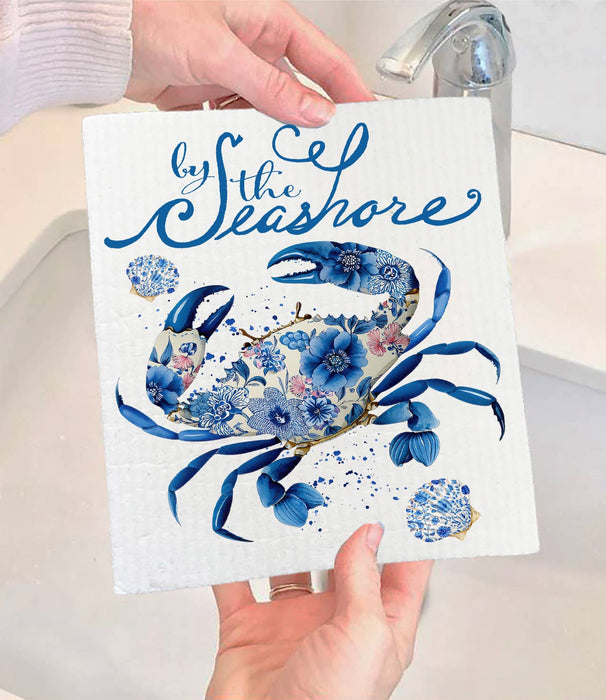Floral Blue Crab by the Seashore Swedish Dishcloth