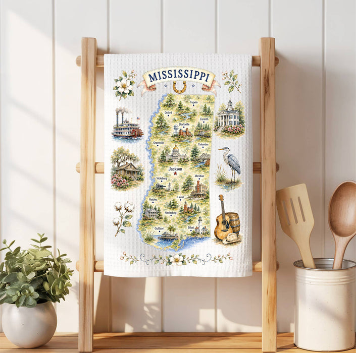 Mississippi State Map Landmark Waffle Weave Towel
