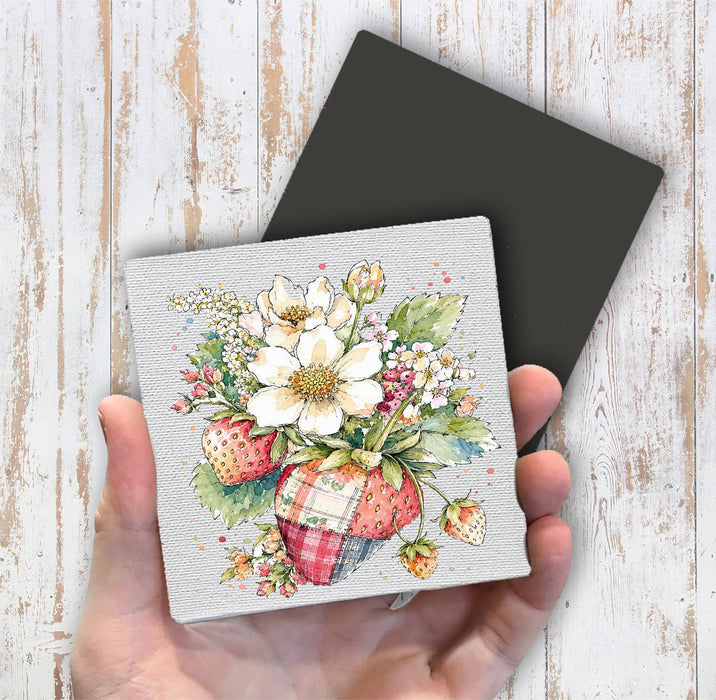 Watercolor Quilted Strawberry Magnet Fridge