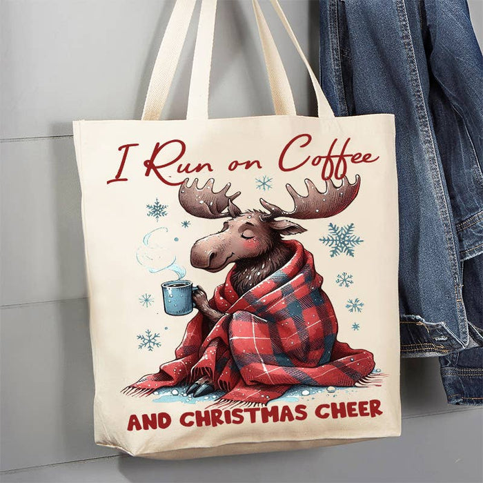 Christmas Moose Run on Coffee Canvas Tote Bag