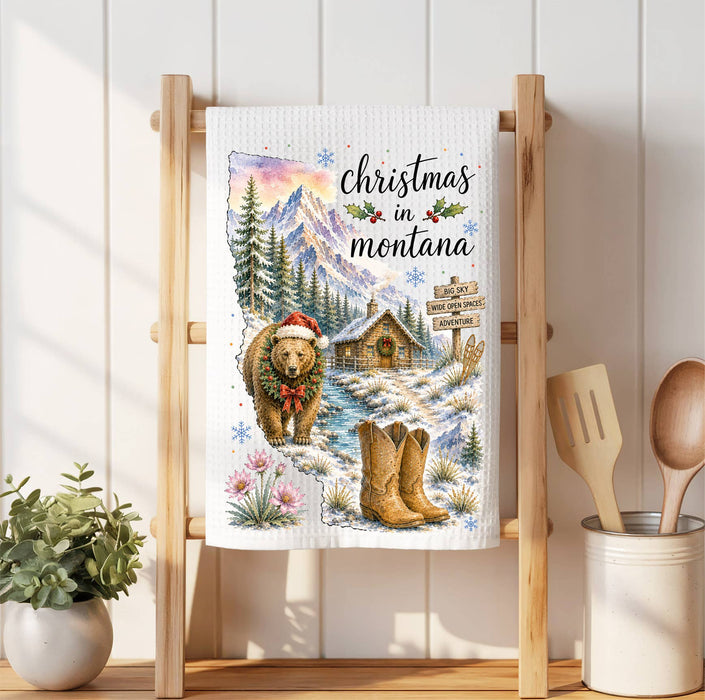 Christmas in Montana State Map Waffle Weave Towel