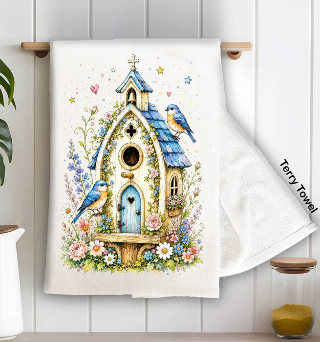 Watercolor Birdhouse Blue Flowers Kitchen Terry Towel
