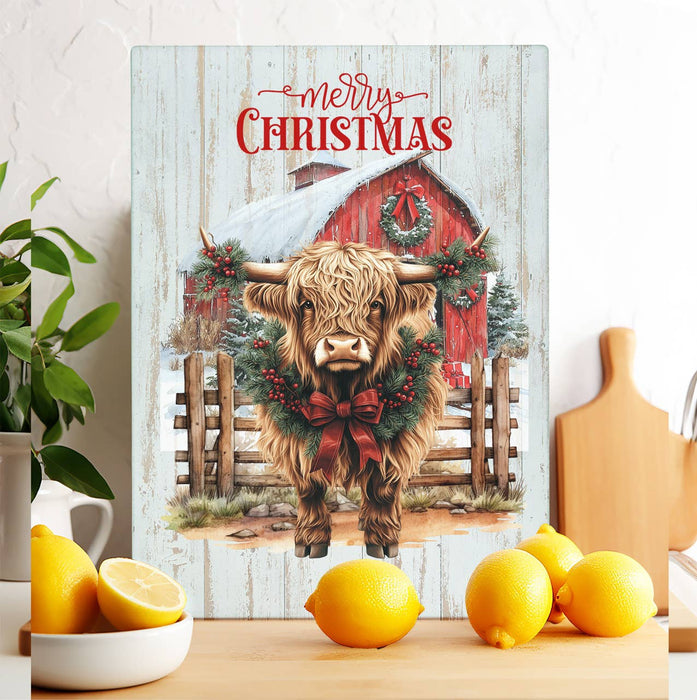 Christmas Highland Cow Barn Western Glass Cutting Board