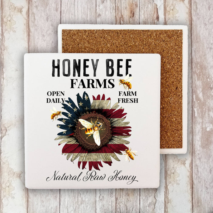 Honey Bee Patriotic Sunflower Stone Coaster