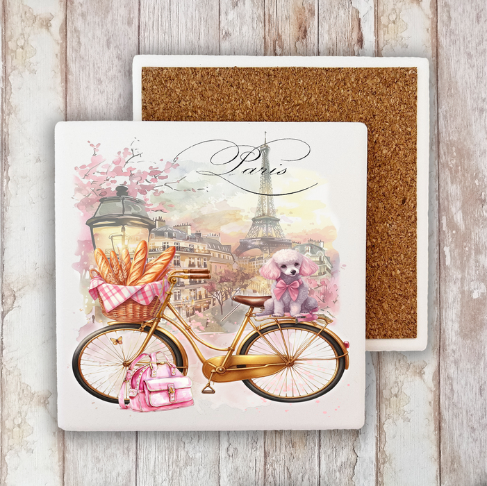 French Paris Bicycle Dog Baguettes Stone Coaster