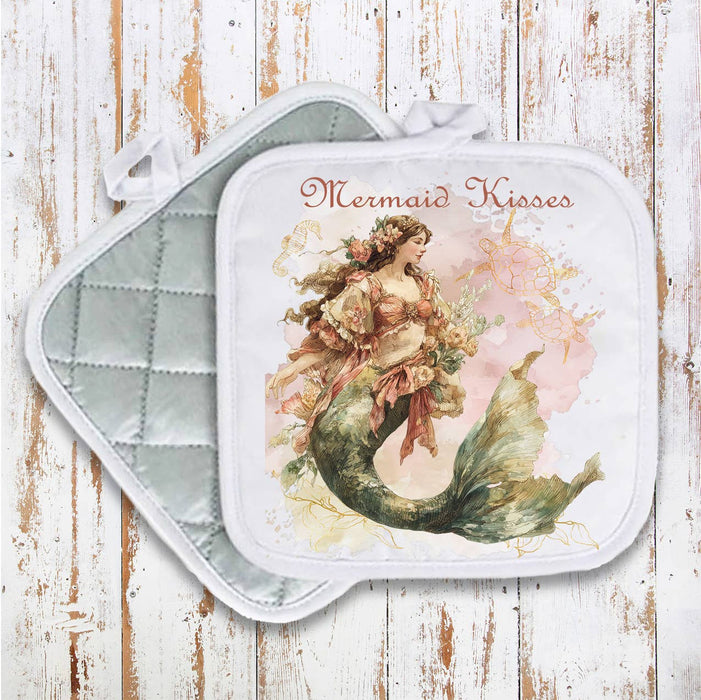 Vintage French Mermaid Kisses Pot Holder Oven Mitt