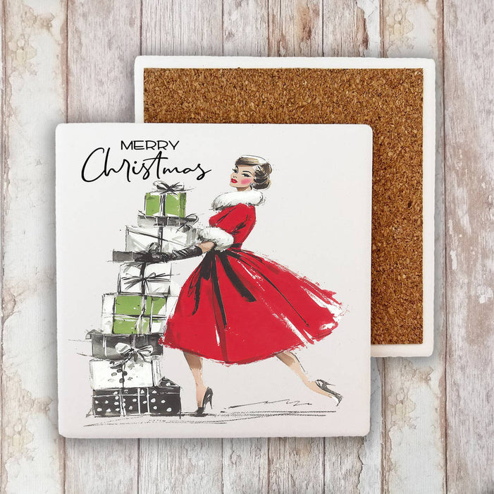 Retro Christmas 1950 Ladies Stone Coaster