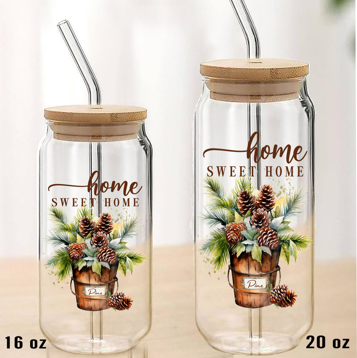 Home Sweet Home Bucket Pine Cones Can Glass with Lid Straw