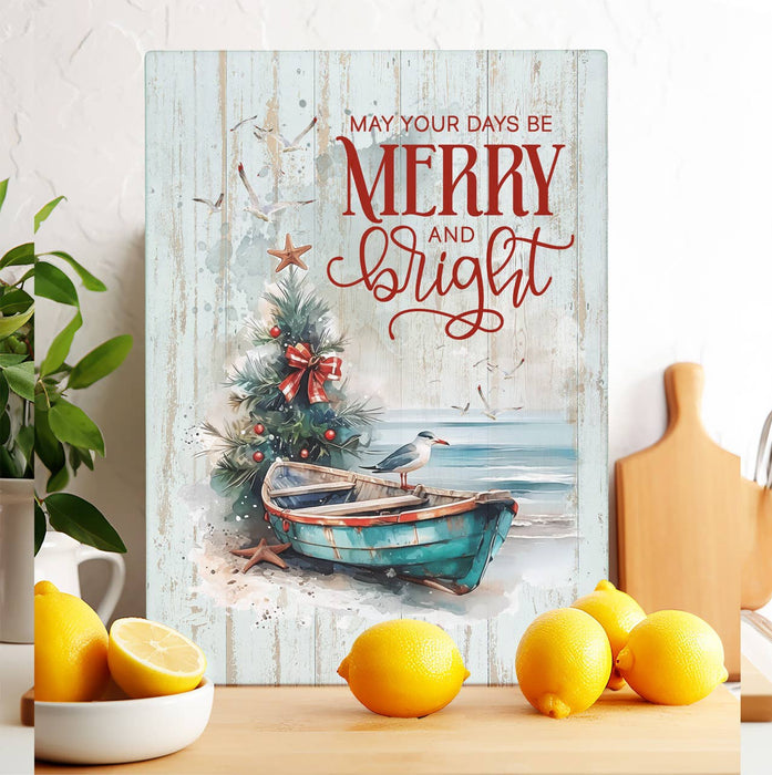 Coastal Christmas Beach Boat Glass Cutting Board