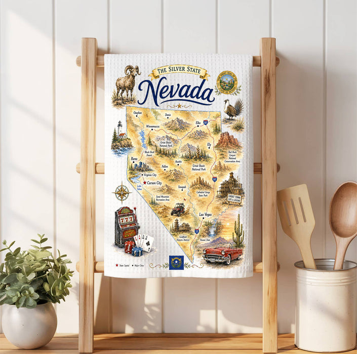 Nevada State Map Landmark Waffle Weave Towel