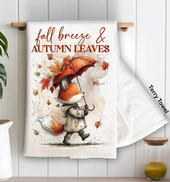 Fall Breeze Autumn Leaves Fox  Kitchen Terry Towel