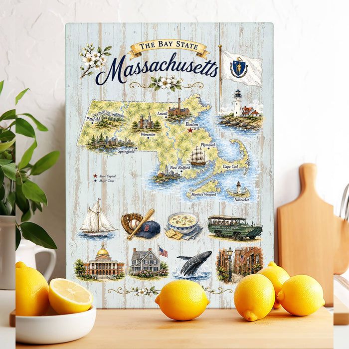 Massachusetts State Map Landmark Glass Cutting Board