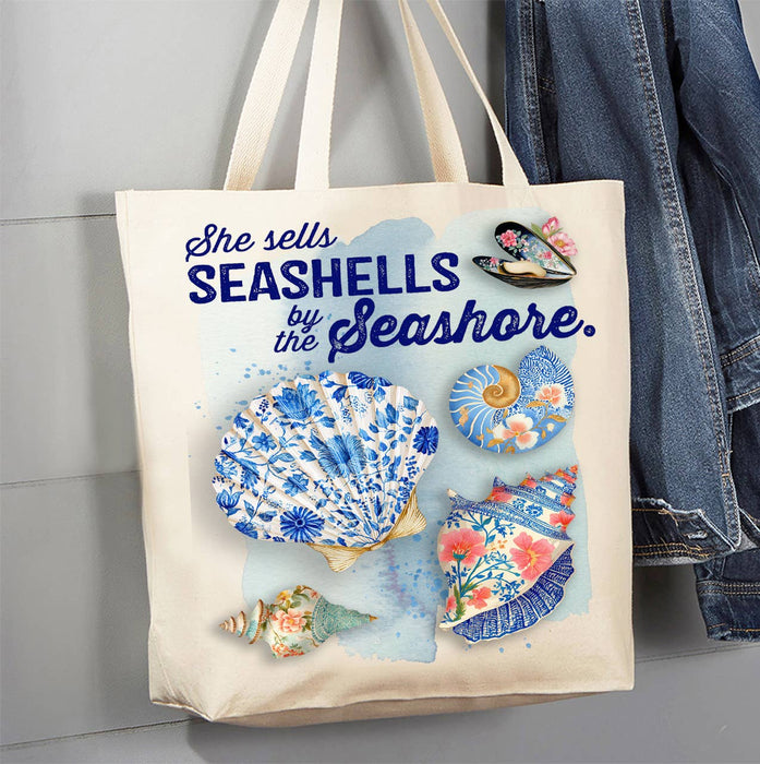 Seashells by the Seashore Floral Shells Canvas Tote Bag