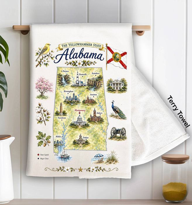 Alabama State Map Landmark Kitchen Terry Towel