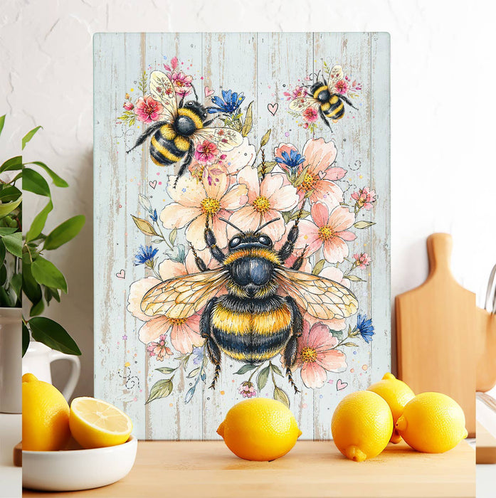 Watercolor Bees Flowers Glass Cutting Board