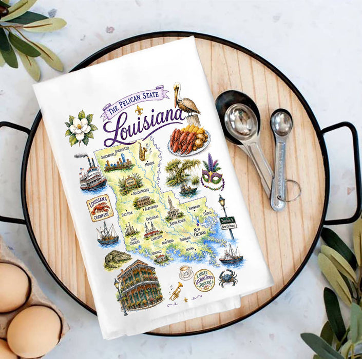 Louisiana State Map Landmark Tea Towel