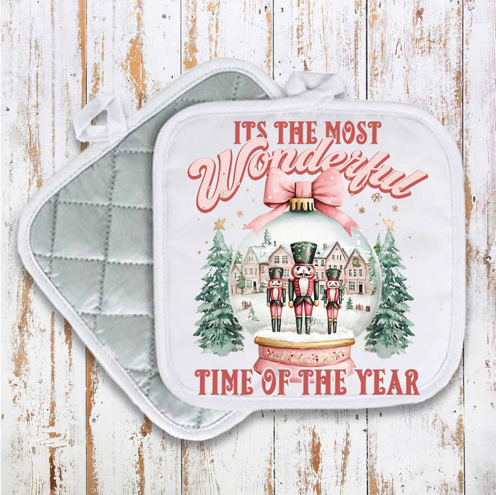 Pink Christmas Nutcracker Snow Globe Pot Holder Oven Mitt