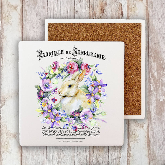 Easter French Bunny Flowers Cotton Stone Coaster