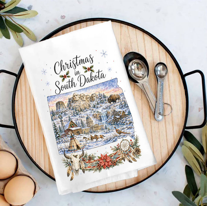 Christmas in South Dakota State Map Tea Towel