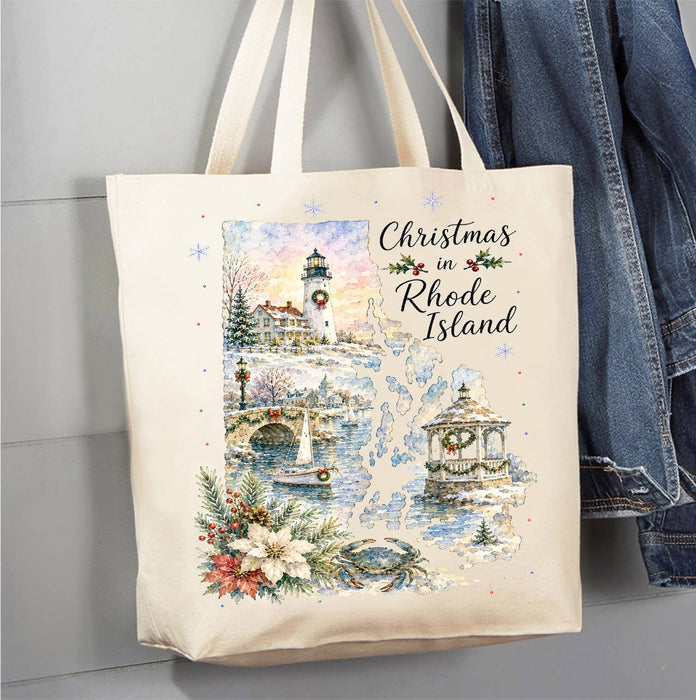 Christmas in Rhode Island State Map Canvas Tote Bag