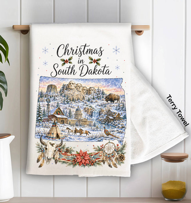 Christmas in South Dakota State Map Kitchen Terry Towel