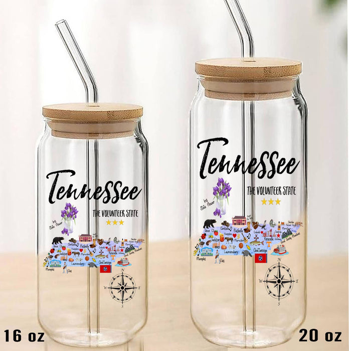 Tennessee State Map Can Glass with Lid and Straw
