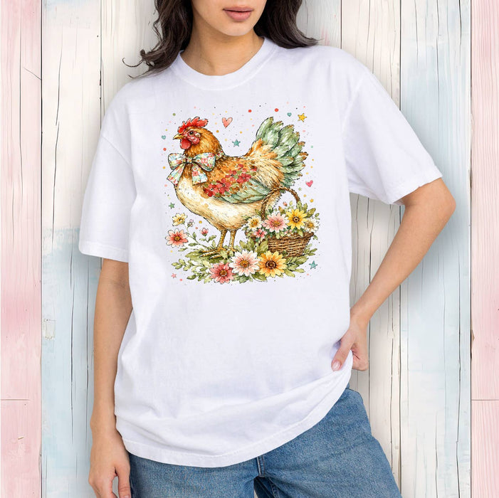 Watercolor Country Hen Flowers T-Shirt