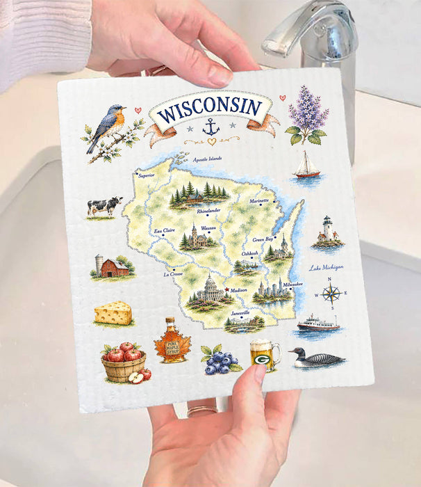 Wisconsin State Map Landmark Swedish Dishcloth